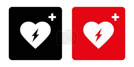 Téléchargez les illustrations : Symbole d'icône de défibrillateur externe automatisé AED avec coeur et flash - en licence libre de droit