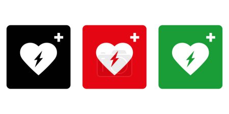 Símbolo del icono del desfibrilador externo automático AED con corazón y flash