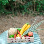 fresh vegetables in basket on wooden table