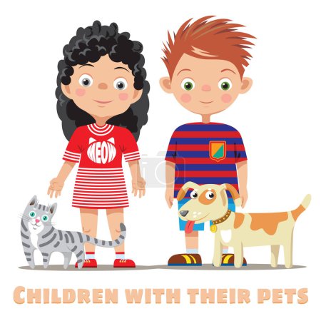 Ilustración de Niña y niño con sus mascotas - gato y perro. Ilustración vectorial - Imagen libre de derechos