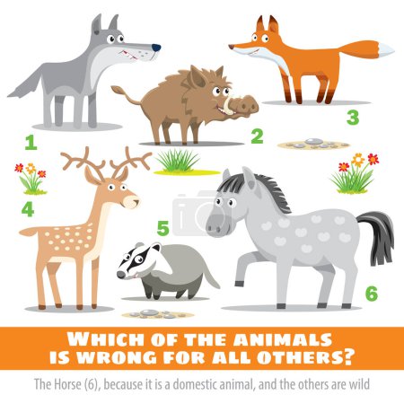 Illustration for Which of the animals is wrong for all the others. Exercise for mind. Vector Illustration - Royalty Free Image