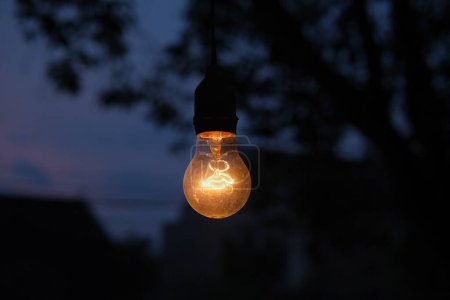 Photo of yellow light bulb glowing at night