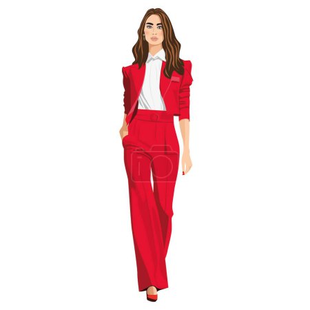 Beautiful bright vector illustration of a brunette girl in a red pantsuit