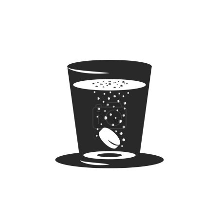Illustration for Effervescent tablet or carbon tablet in a glass of water with the release of carbon dioxide bubbles, health drink black and white creative illustration in negative space style. - Royalty Free Image