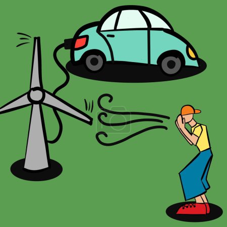 Téléchargez les illustrations : Utiliser l'énergie éolienne renouvelable pour recharger un véhicule électrique. Un jeune homme souffle sur un moulin à vent qui charge une voiture électrique, concept de durabilité dessin animé illustration. - en licence libre de droit