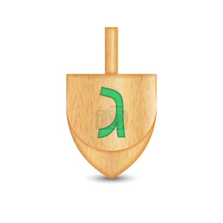 Illustration for A dreidel with green letter gimel is a four-sided wooden spinning top realistic 3d vector object isolated on white background. The toy that is played during the Jewish holiday of Hanukkah. - Royalty Free Image