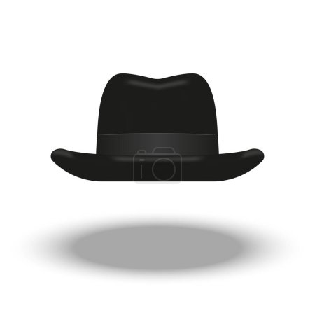 Ein schwarzer Homburger Hut aus Pelzfilz von vorne isoliert auf weißem Hintergrund realistisches 3D-Vektorobjekt, mit einer einzigen Delle, die in der Mitte der Krone herunterläuft. Breites seidenes Ripsband und flache Krempe.