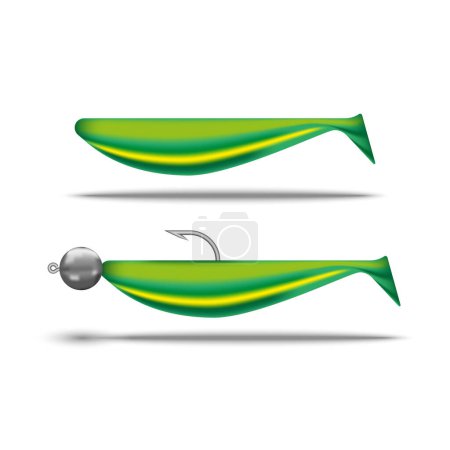 Illustration for Set of silicone fish, green soft plastic jig lure for fishing, hook and sinker and rigless fish bait, realistic 3d vector object isolated on white background. - Royalty Free Image