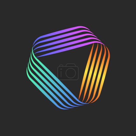 Ilustración de Forma triangular logotipo lineal 3d forma vibrante gradiente creativo superposición, tecnología de alambre logotipo, superposición de líneas paralelas delgadas, patrón de rayas. - Imagen libre de derechos