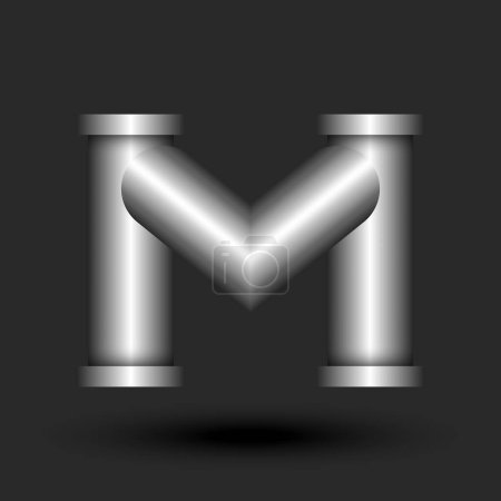Illustration for Letter M logo monogram 3d metallic line pipe shape construction with flanges, silver colored creative typography identity, logotype industrial style design. - Royalty Free Image