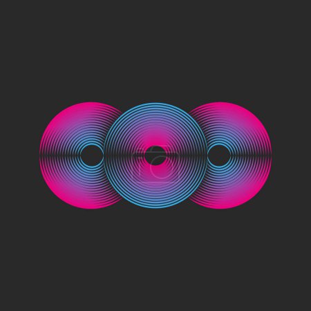 Ilustración de Tres círculos en una fila logotipo de líneas delgadas paralelas, formas simples lineales redondeadas de gradiente rosa azul brillante. - Imagen libre de derechos