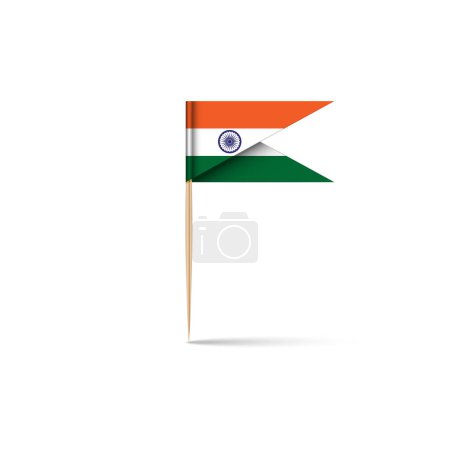 Illustration for Paper national flag of India in the form of a pin on a wooden stick with a toothpick with shadow isolated white background, burger flag design mockup, realistic 3d vector object. - Royalty Free Image