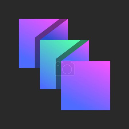 Logotipo de tres superficies cuadradas hecho de papel plegado en degradado colorido, formas geométricas de capas en estilo origami. Símbolo conceptual con 3 áreas, niveles y sombras.