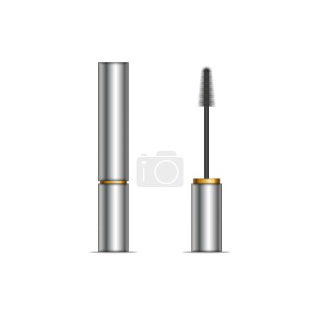 A mascara tube and a wand applicator brush metallic color isolated on white background blank cosmetic vector 3d mockup, open and closed tubes makeup product.