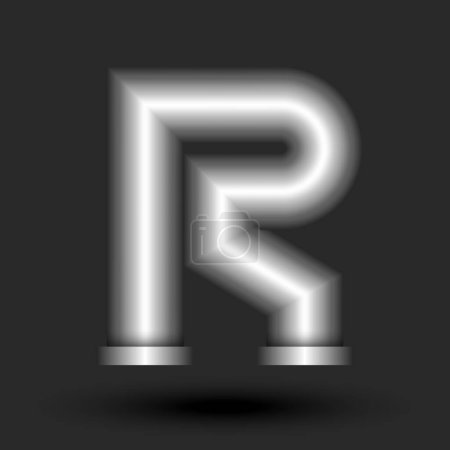 Bold letter R monogram 3d logo metallic pipe with flanges shape, industrial style creative typography design element.