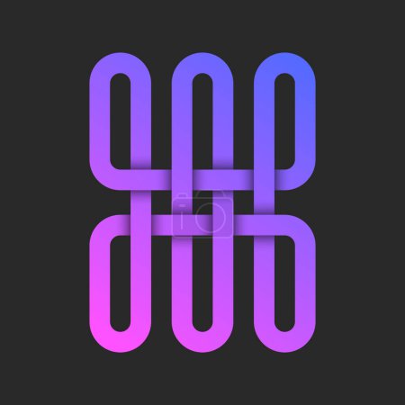 Interwoven gradient loops abstract logo, symmetrical interlaced psychedelic pattern in vibrant colors, knot lines art.