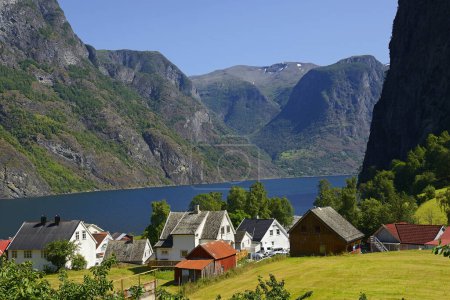 Photo for Undredal, small beautiful village at Aurland fjord, Norway.  Aurlandsfjord landscape is UNESCO World Heritage Site. - Royalty Free Image