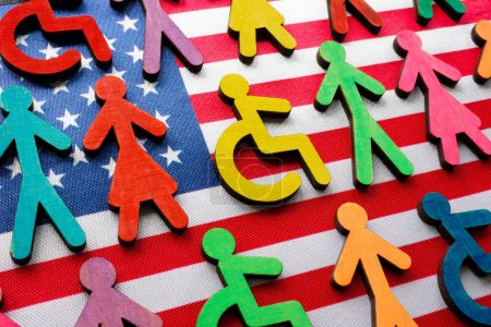 US flag and multi-colored figures with the symbol of disability person.