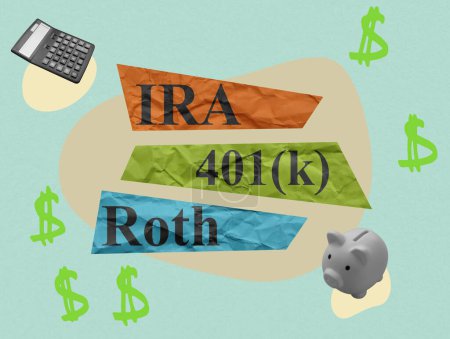 Eine Collage über Altersvorsorge Roth IRA und 401k.