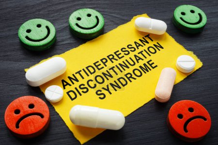 Smileys, Pillen und Beschriftung Antidepressiva Diskontinuitätssyndrom ADS.