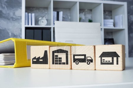 Folders and cubes with supply chain management SCM and Logistics stages.