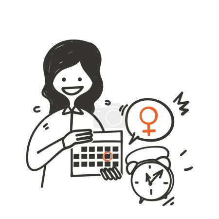 Téléchargez les illustrations : Dessiné à la main doodle femme marque la date de sa période sur l'illustration du calendrier - en licence libre de droit