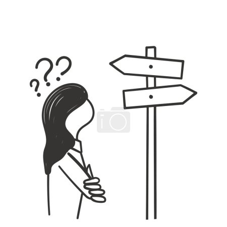 Illustration for Hand drawn doodle woman confused by the signpost illustration - Royalty Free Image