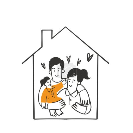 hand drawn doodle Happy family at home illustration
