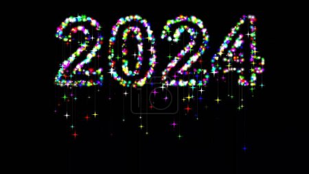 Photo for Beautiful illustration of 2024 with colorful glitter sparkles and falling stars on plain black background - Royalty Free Image
