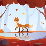 Fox in forest and autumn landscape scene illustration