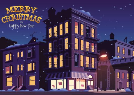 Calle de la ciudad en la noche de Navidad vector ilustración