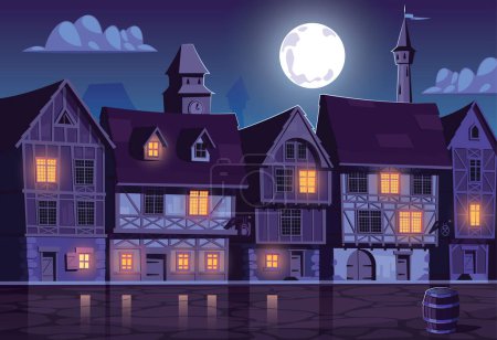 Rue médiévale sur clair de lune, maisons en rangée, illustration vectorielle