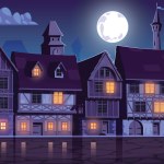 Medieval town street on moonlight ,row houses ,vector illustration