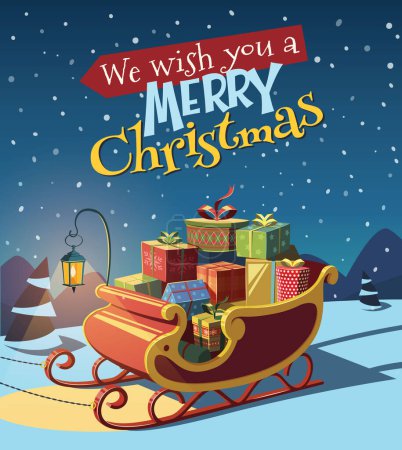 Santa sleigh full of presents on Christmas night ,greeting card stock illustration