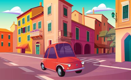 Ilustración de Ciudad costera italiana y coche retro en las calles vector ilustración - Imagen libre de derechos