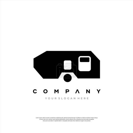 Un logotipo blanco y negro con una caravana estilizada, perfecto para una empresa que promueve viajes y experiencias al aire libre