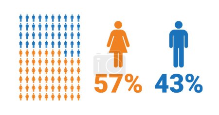 Illustration for 57% female, 43% male comparison infographic. Percentage men and women share. Vector chart. - Royalty Free Image