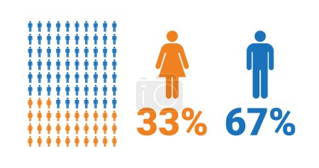 Illustration for 33% female, 67% male comparison infographic. Percentage men and women share. Vector chart. - Royalty Free Image