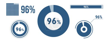 Illustration for 96 percent loading data icon set. Ninety-six circle diagram, pie donut chart, progress bar. 96% percentage infographic. Vector concept collection, blue color. - Royalty Free Image