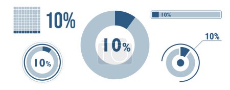 10 percent loading data icon set. Ten circle diagram, pie donut chart, progress bar. 10% percentage infographic. Vector concept collection, blue color.