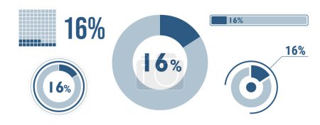 Illustration for 16 percent loading data icon set. Fourteen circle diagram, pie donut chart, progress bar. 16% percentage infographic. Vector concept collection, blue color. - Royalty Free Image