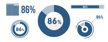 Illustration for 86 percent loading data icon set. Eighty-six circle diagram, pie donut chart, progress bar. 86% percentage infographic. Vector concept collection, blue color. - Royalty Free Image