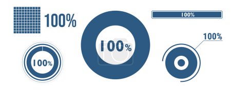 Illustration for 100 percent loading data icon set. Hundred circle diagram, pie donut chart, progress bar. 100% percentage infographic. Vector concept collection, blue color. - Royalty Free Image