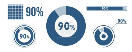 90 percent loading data icon set. Ninety circle diagram, pie donut chart, progress bar. 90% percentage infographic. Vector concept collection, blue color.