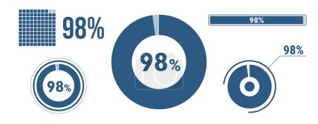 Illustration for 98 percent loading data icon set. Ninety-eight circle diagram, pie donut chart, progress bar. 98% percentage infographic. Vector concept collection, blue color. - Royalty Free Image