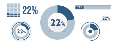 22 percent loading data icon set. Twenty-two circle diagram, pie donut chart, progress bar. 22% percentage infographic. Vector concept collection, blue color.