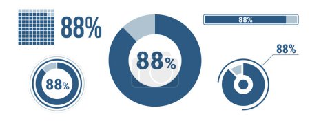 Illustration for 88 percent loading data icon set. Eighty-eight circle diagram, pie donut chart, progress bar. 88% percentage infographic. Vector concept collection, blue color. - Royalty Free Image