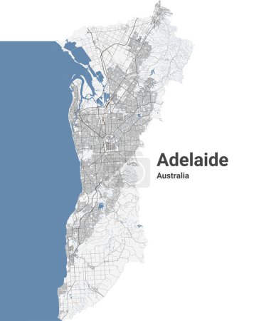 Téléchargez les illustrations : Adelaide map. Detailed map of Adelaide city administrative area. Cityscape panorama. Royalty free vector illustration. Outline map with highways, streets, rivers. Tourist decorative street map. - en licence libre de droit