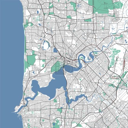 Perth map. Detailed map of Perth city administrative area. Cityscape panorama. Royalty free vector illustration. Outline map with highways, streets, rivers. Tourist decorative street map.