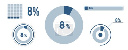Illustration for 8 percent loading data icon set. Eight circle diagram, pie donut chart, progress bar. 8% percentage infographic. Vector concept collection, blue color. - Royalty Free Image